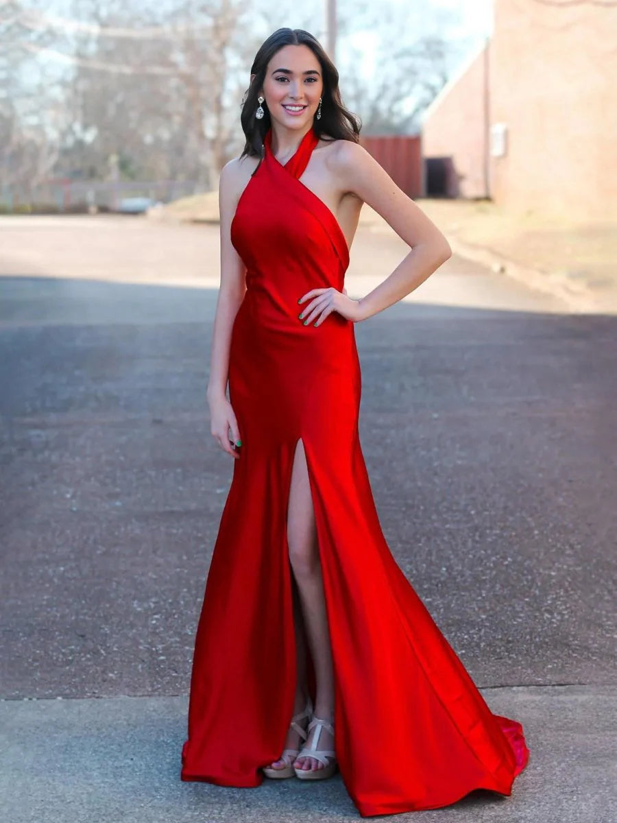 Red Halter Satin Mermaid Long Retract Your Waist Party Dress