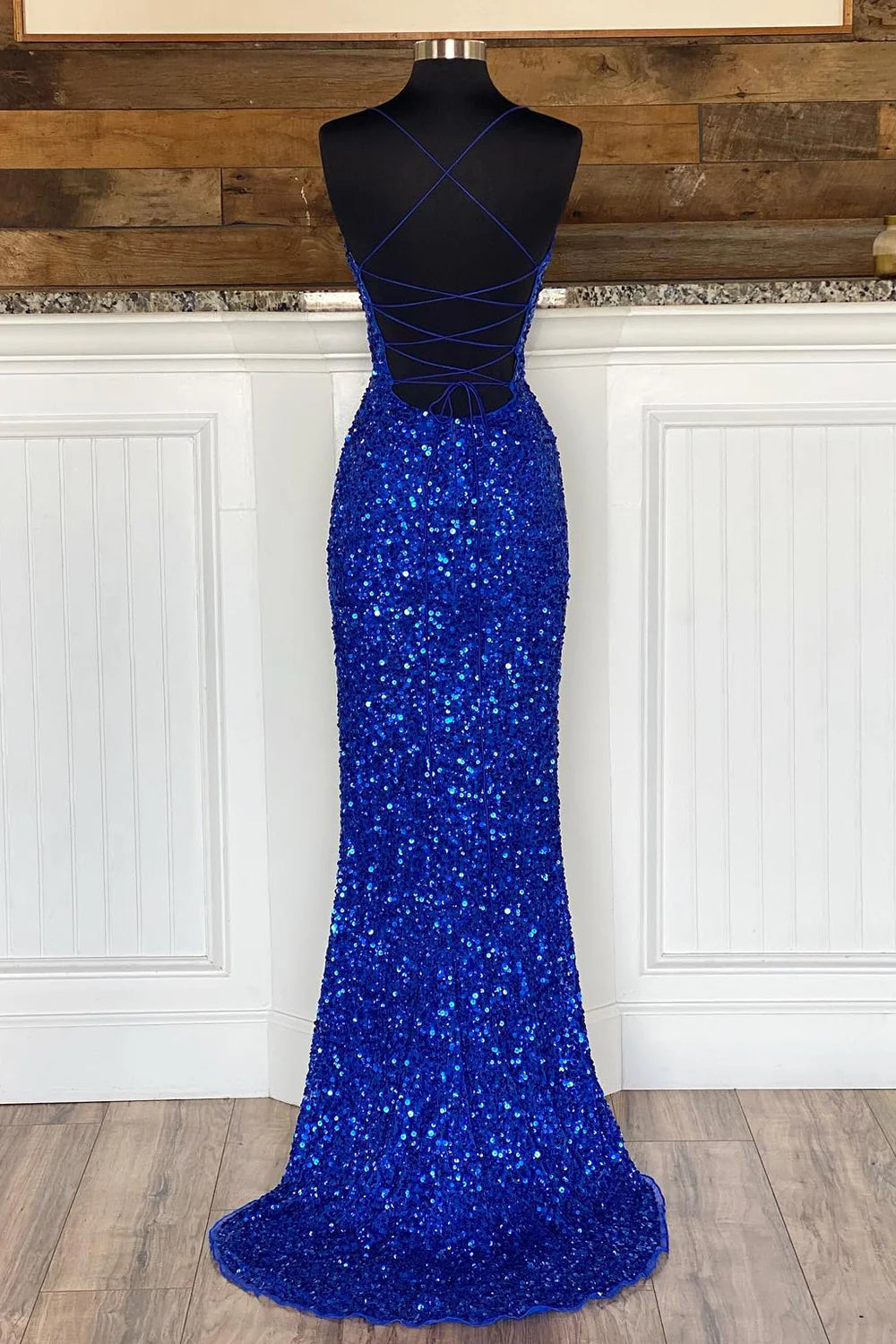 Sheath Spaghetti Straps Royal Blue Sequins Long Prom Dress