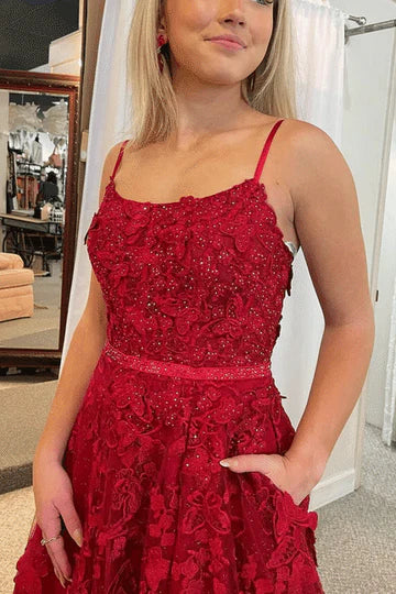 Red Spaghetti Straps Appliques Floral A-Line Long Prom Dress