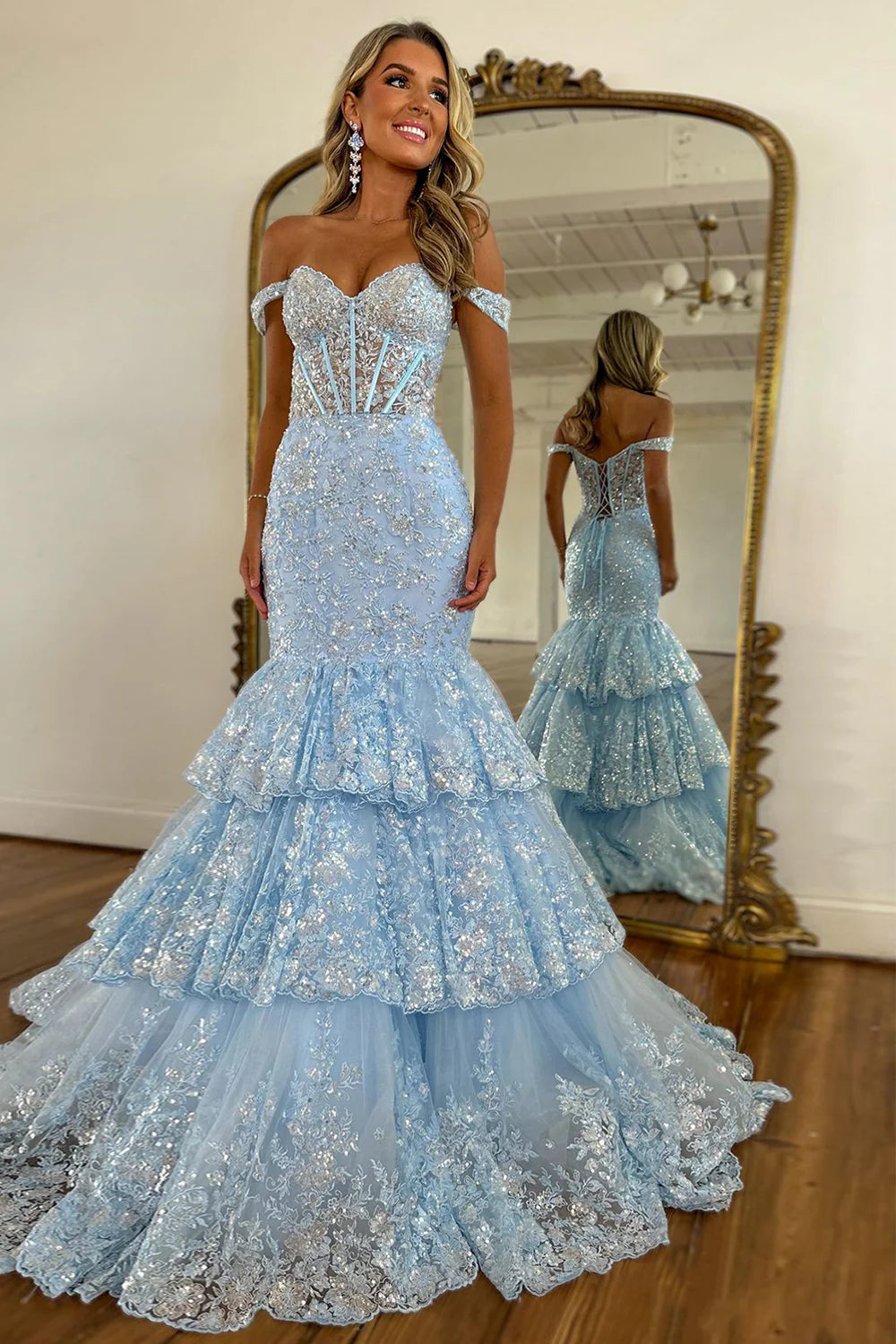 Sparkly Light Blue Mermaid Off The Shoulder Lace Up Long Prom Dress