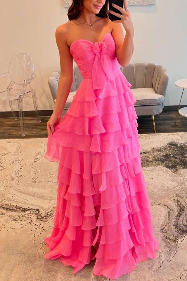 Chiffon Fuchsia Sweetheart Tiered Ruffles Retract Your Waist Party Dress