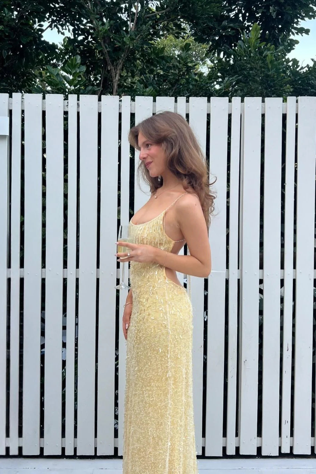 Stylish Sheath Spaghetti Straps Yellow Sequins Long Party Dress