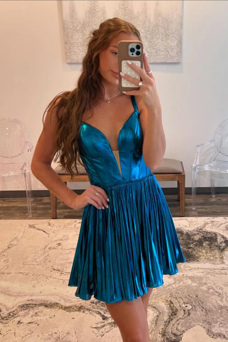 Cute A-Line V Neck Peacock Blue Pleated Satin Short Homecoming Dresses