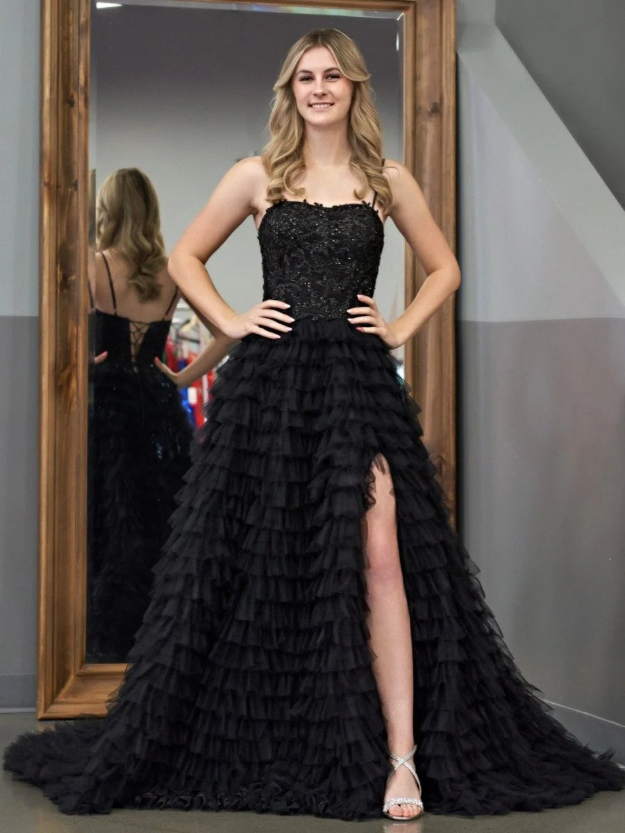 Black A-Line Tiered Sequins Tulle Long Full of charm Prom Dress