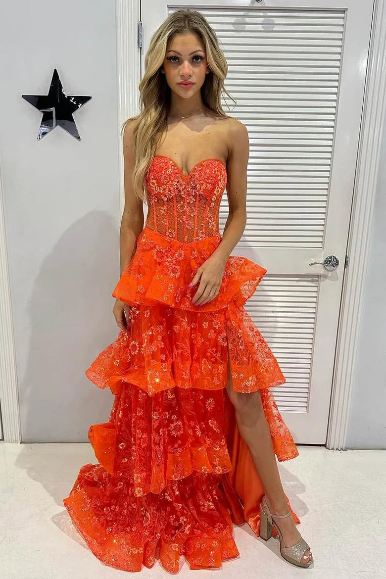 Orange Strapless A-Line Sweetheart Layered Appliques Prom Dress