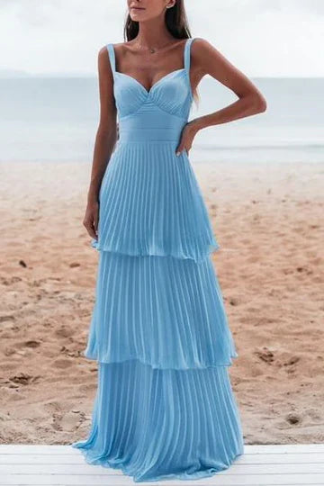 Blue Straps A-Line V-Neck Pleated Tiered Sleeveless Long Formal Prom Dress
