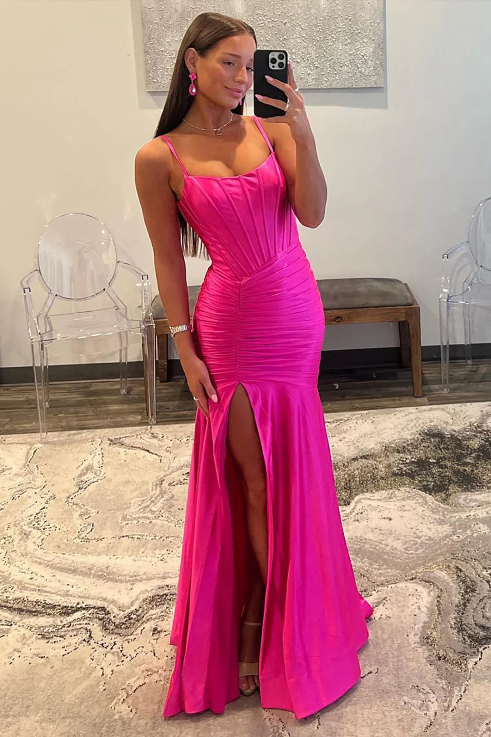 Hot Pink Spaghetti Straps Mermaid Long Satin Prom Dress