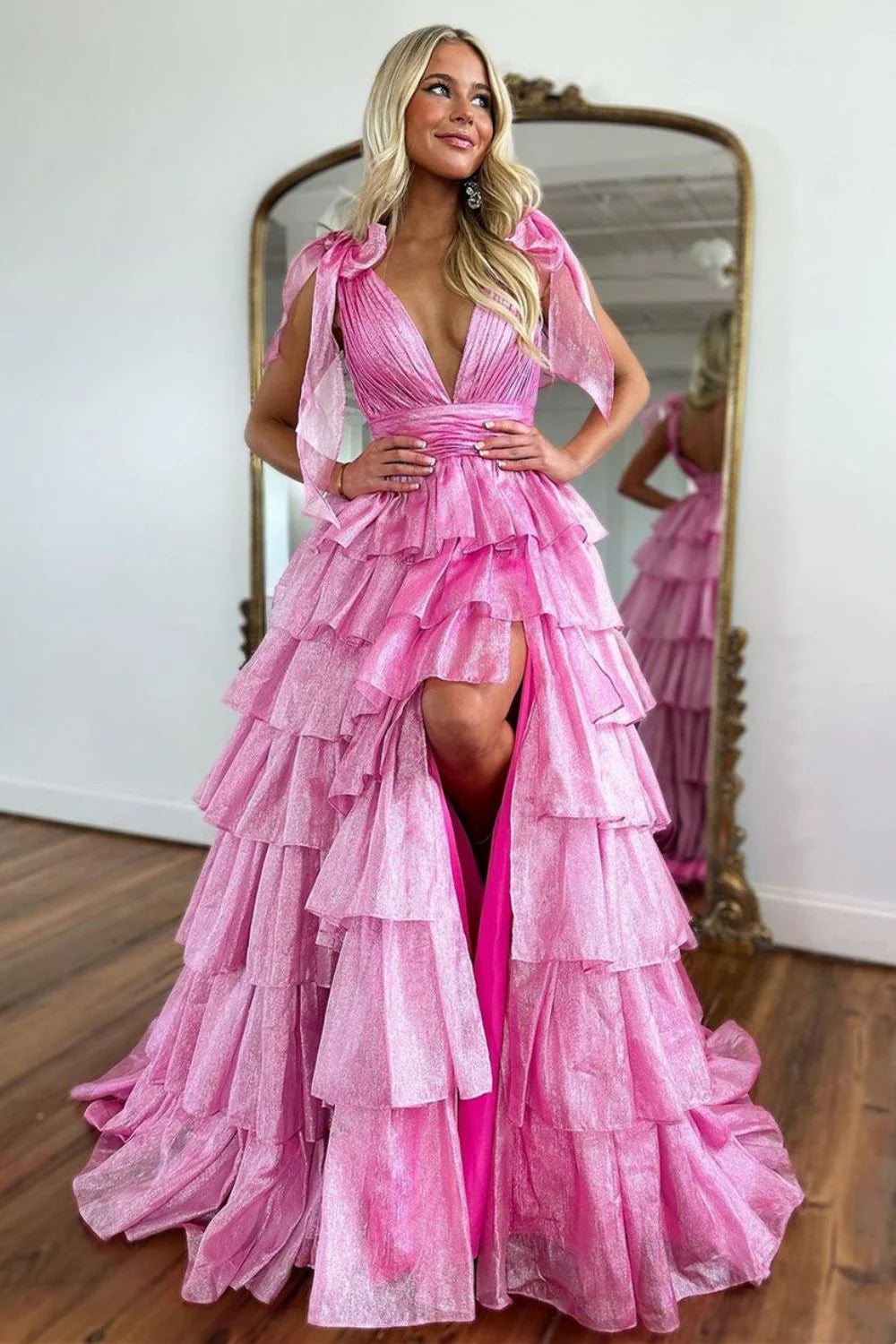 Cute Pink Princess A Line Deep V-Neck Long Tiered Prom Dress