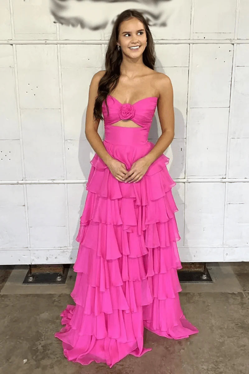 A-Line Strapless V-Neck Layered Chiffon Sleeveless Retract Your Waist Party Dress