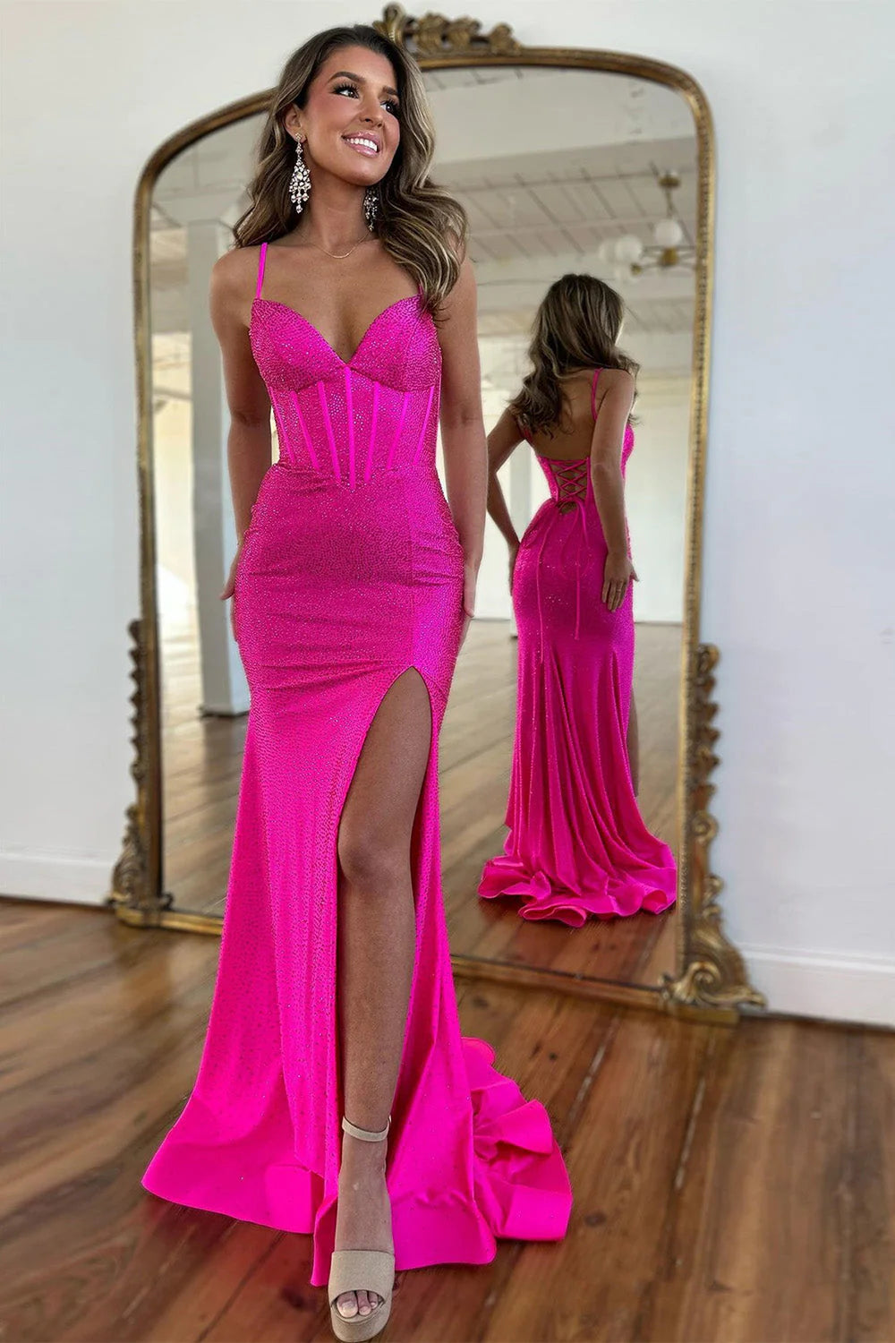 Fuchsia Beaded Mermaid Spaghetti Straps Lace Up Prom Dress