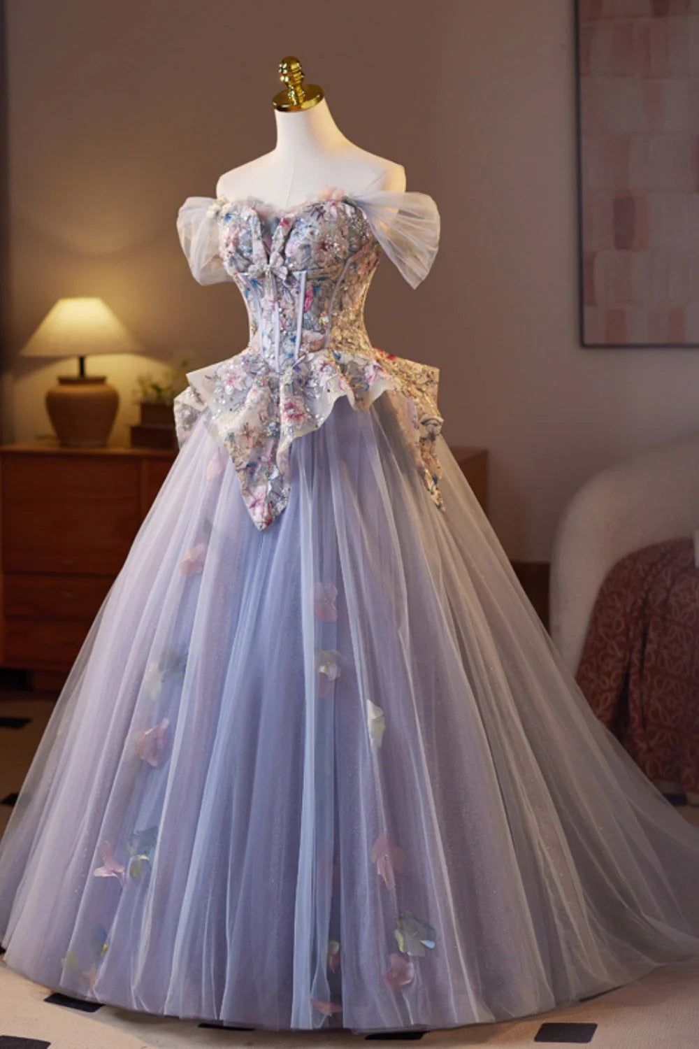 Off the Shoulder Lilac Floral Sparkle Tulle Full Of Charm Prom Dresses