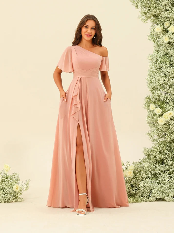 A-Line/Princess One-Shoulder Floor-Length Split Side Full of charm Evening Dresses