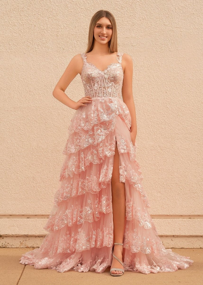 A-Line Lace Off-the-Shoulder Tiered Long Full of charm Prom Dress