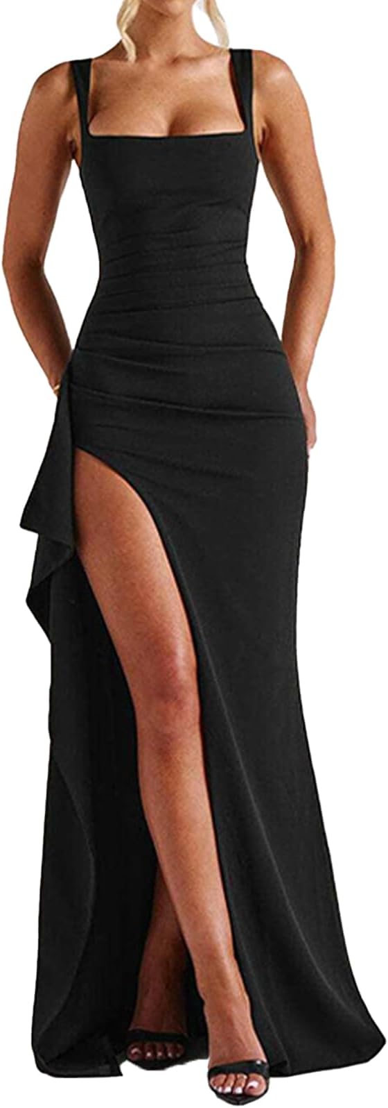 Women Formal Dresses Sleeveless Bodycon Ruched High Slit Sexy Evening Dresses