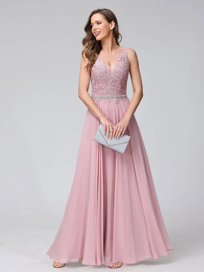 A-Line V-Neck Sleeveless Long Retract Your Waist Unique design Evening Dresses