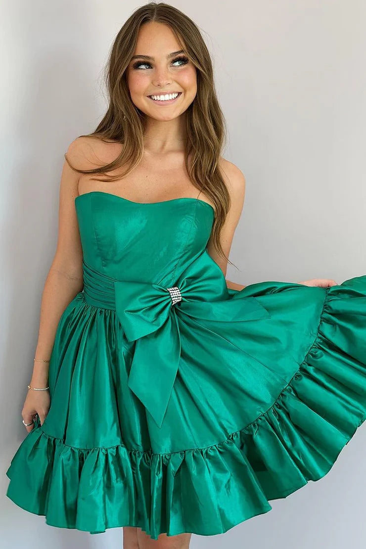 Cute A Line Strapless Dark Green Satin Homecoming Dresses