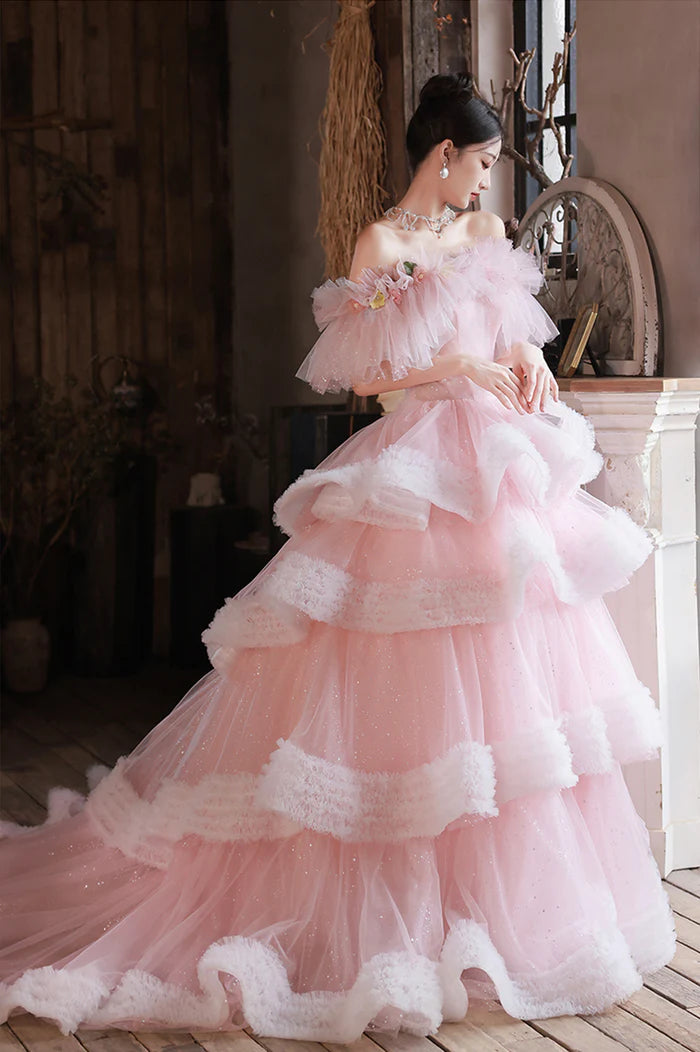 Pink Tulle Long A-Line Unique Design Full Of Charm Party Dresses