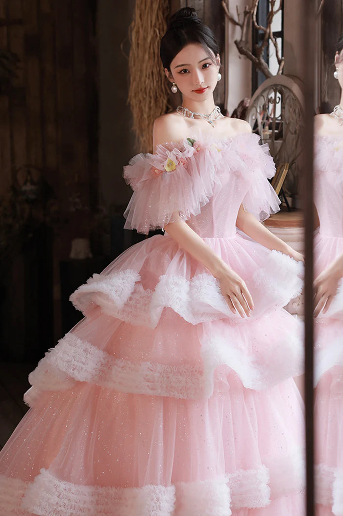 Pink Tulle Long A-Line Unique Design Full Of Charm Party Dresses