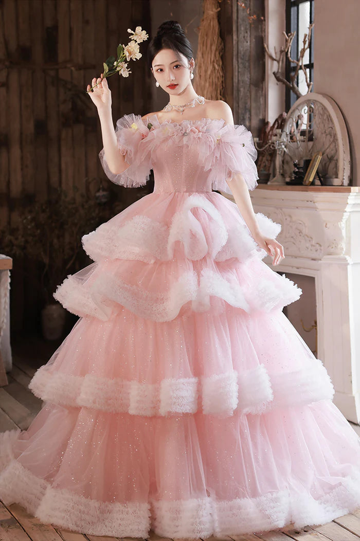 Pink Tulle Long A-Line Unique Design Full Of Charm Party Dresses