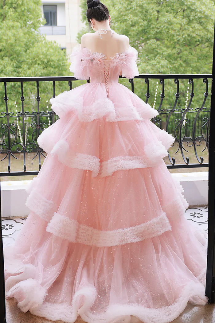 Pink Tulle Long A-Line Unique Design Full Of Charm Party Dresses