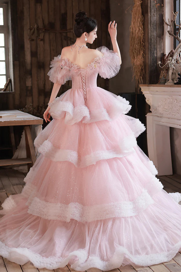 Pink Tulle Long A-Line Unique Design Full Of Charm Party Dresses