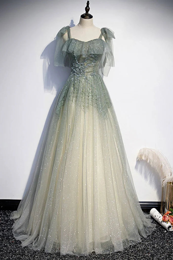 Green Shiny Tulle Long Formal Unique Design Full Of Charm Party Dresses