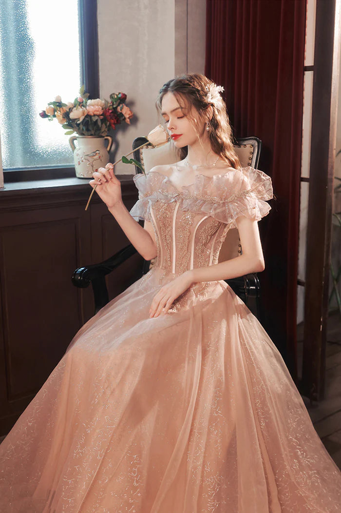 Pink Tulle Long A-Line Unique Design Full Of Charm Party Dresses