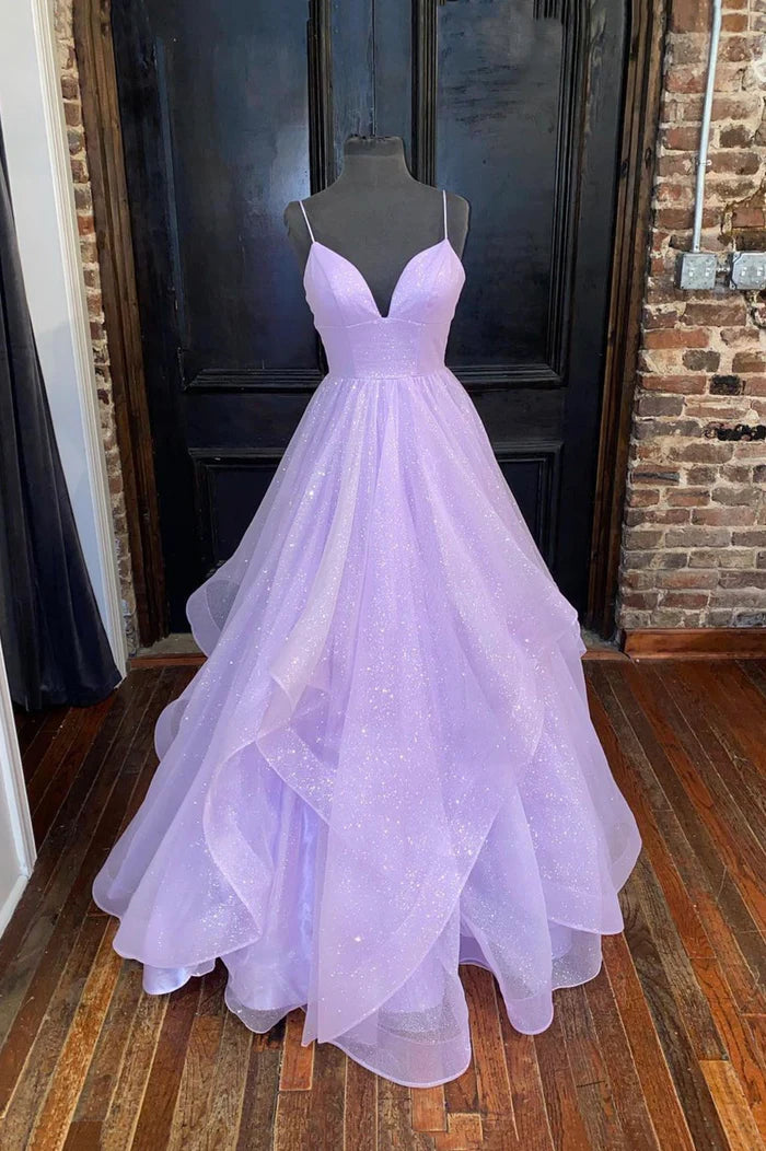 A-Line Lavender Shiny Tulle Unique Design Party Dresses