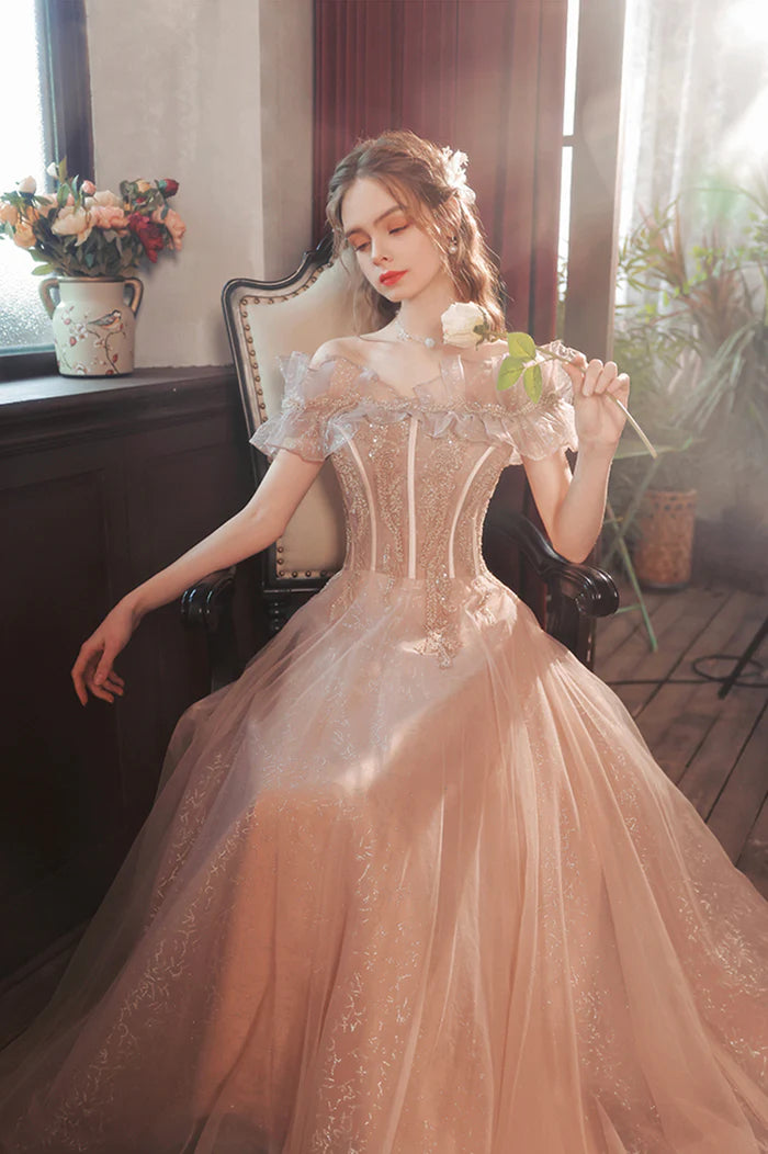 Pink Tulle Long A-Line Unique Design Full Of Charm Party Dresses