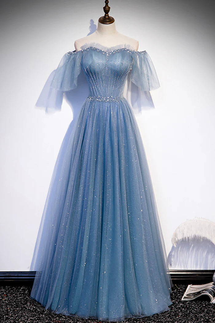 Blue Tulle Long A-Line Unique Design Full Of Charm Prom Dresses