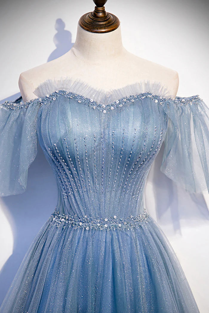 Blue Tulle Long A-Line Unique Design Full Of Charm Prom Dresses