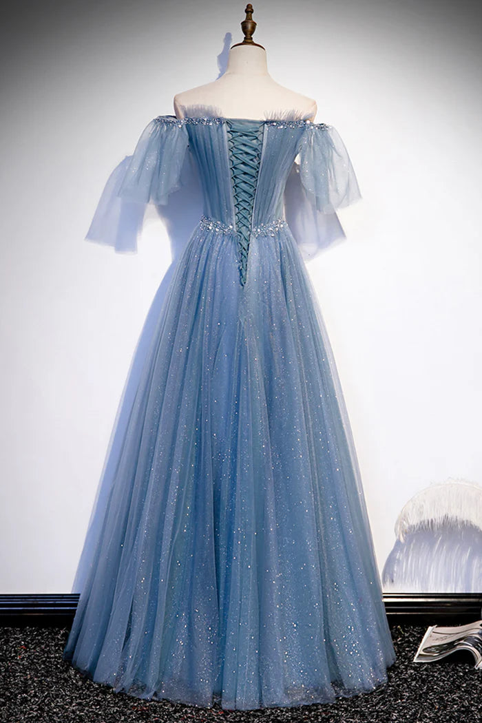 Blue Tulle Long A-Line Unique Design Full Of Charm Prom Dresses