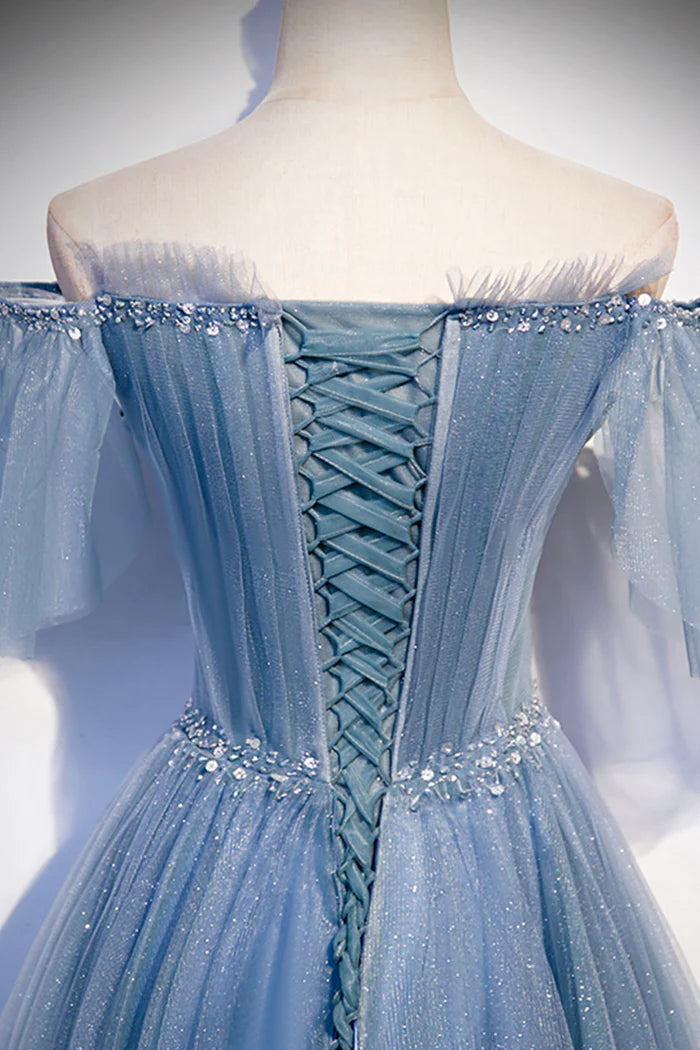 Blue Tulle Long A-Line Unique Design Full Of Charm Prom Dresses