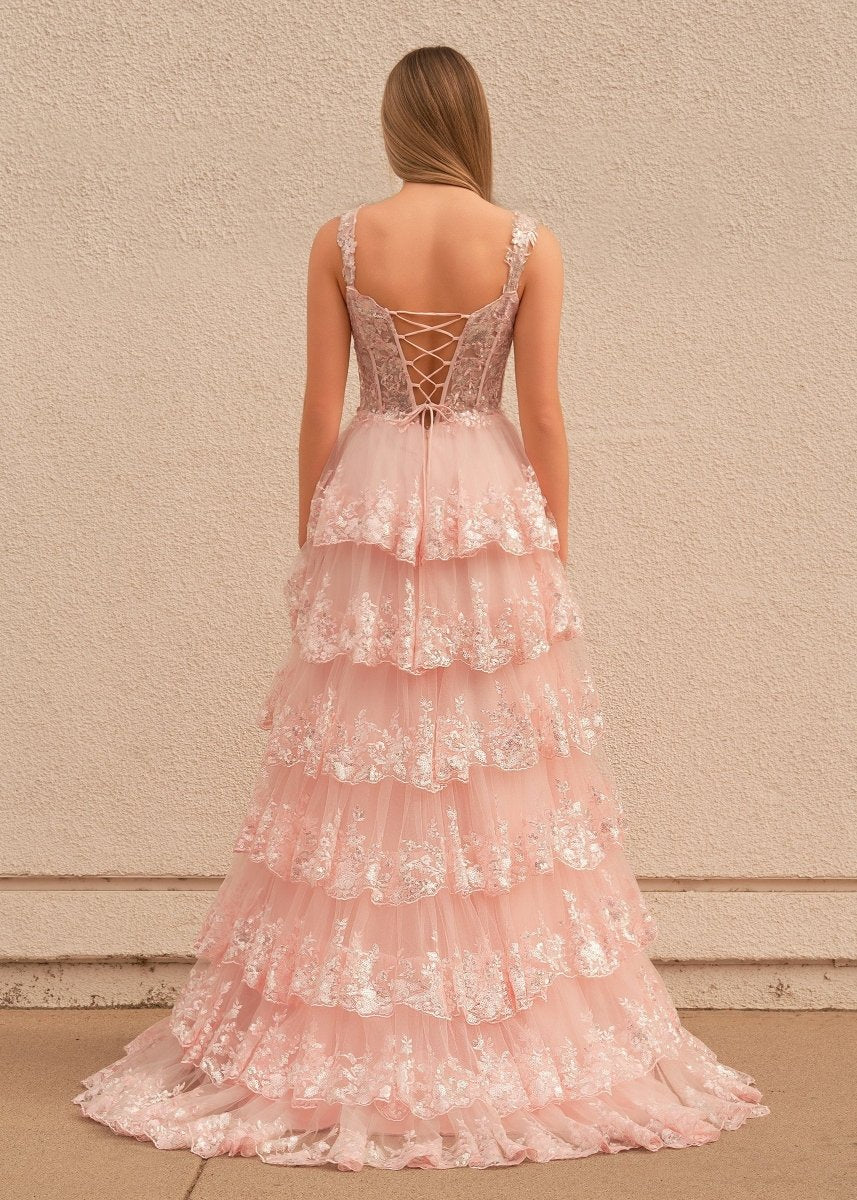 A-Line Lace Off-the-Shoulder Tiered Long Full of charm Prom Dress