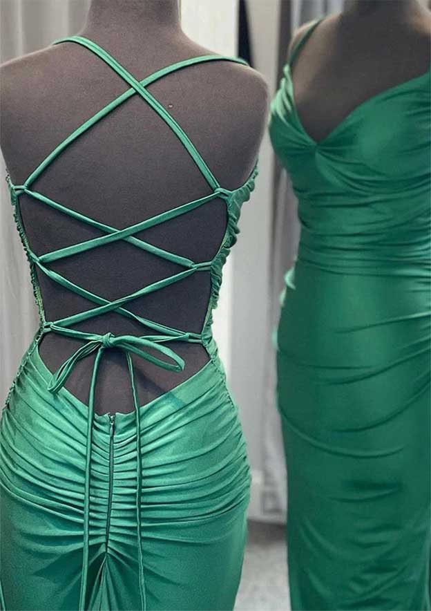 Exquisite horn/mermaid V-neck sleeveless trailing knit pleats Prom Dresses