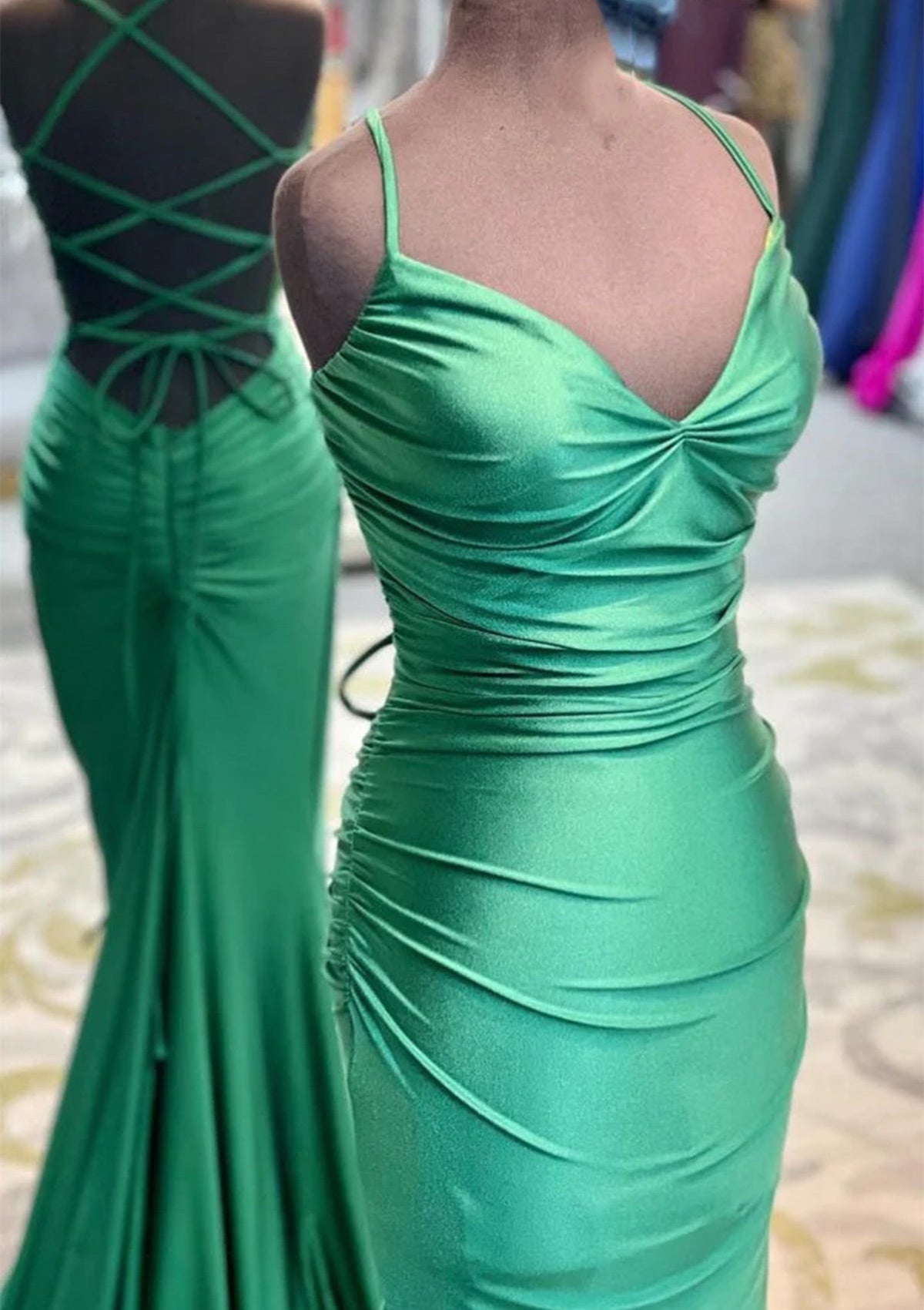 Exquisite horn/mermaid V-neck sleeveless trailing knit pleats Prom Dresses