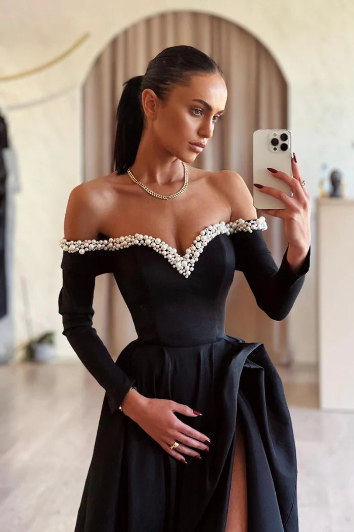 Black Off the Shoulder Pearls Long Sleeve Unique Design Full Of Charm Party Dresses