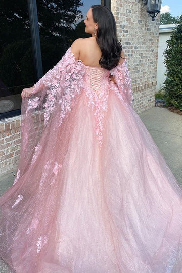 Pink Floral Lace Off-the-Shoulder Ball Gown with Cape Sleeves