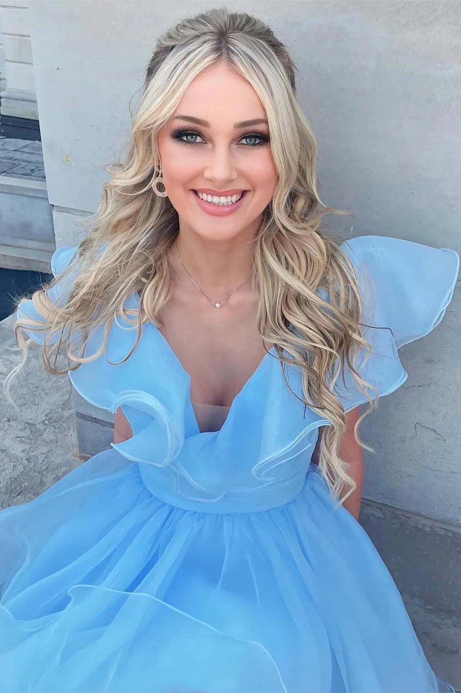 Light Blue Organza Ruffles A-Line Short Full Of Charm Homecoming Dress