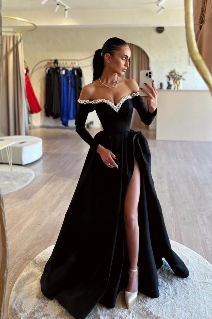 Black Off the Shoulder Pearls Long Sleeve Unique Design Full Of Charm Party Dresses