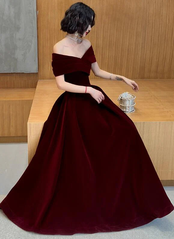 Beautiful Dark Red Velvet Off Shoulder Full Of Charm Prom Dress