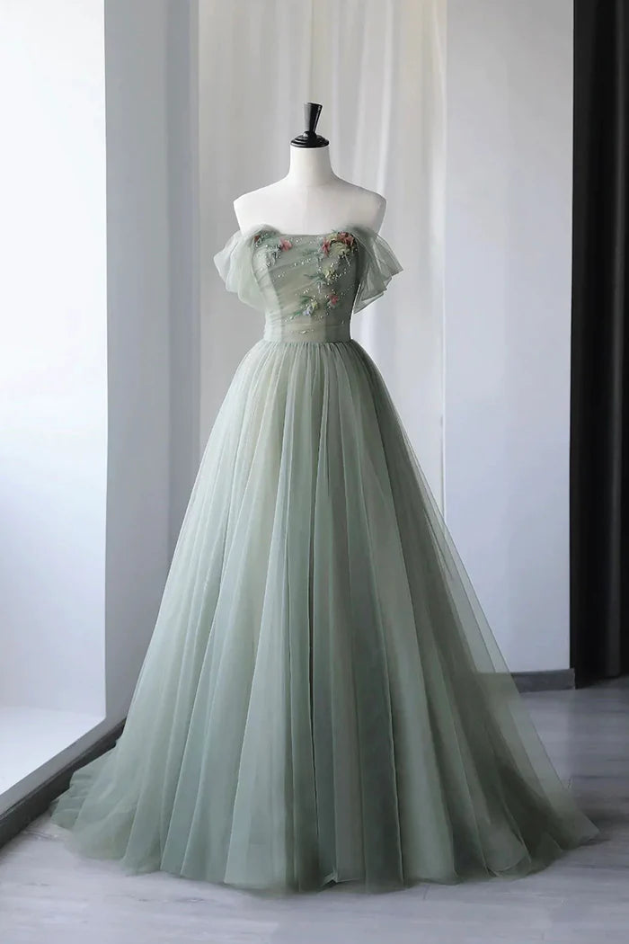 Gray Green Tulle Long Unique Design Full Of Charm Party Dresses