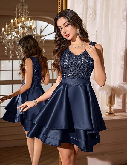 V Neck A-line High Low Satin Formal Homecoming Dresses