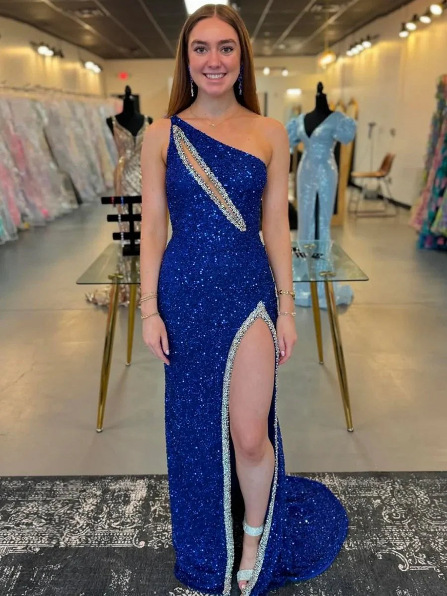 Orange One Sholder Sequins Mermaid Retract Your Waist Prom Dresses