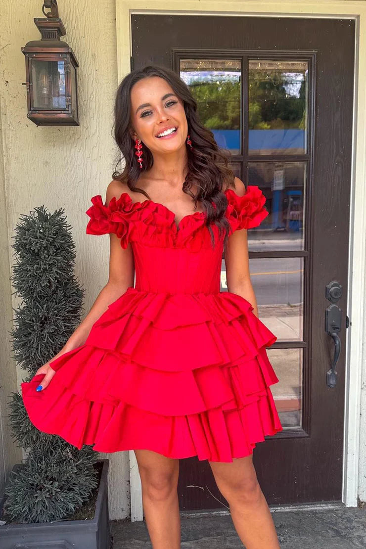 Cute A Line Off the Shoulder Red Satin Short Full Of Charm Homecoming Dress