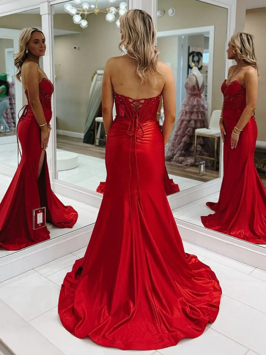 Mermaid Strapless Keyhole Red Satin Long Prom Dresses Retract Your Waist Party Dress