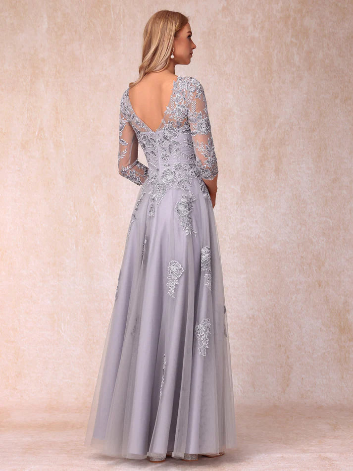 Princess Sheer Neck Half Sleeves Long Formal Mother of the Bride Dresses