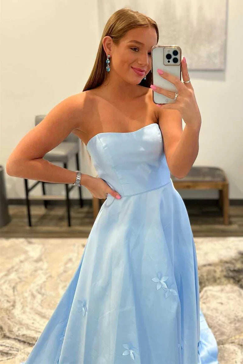 3D Flower Light Blue Strapless A-Line Unique Design Prom Dress