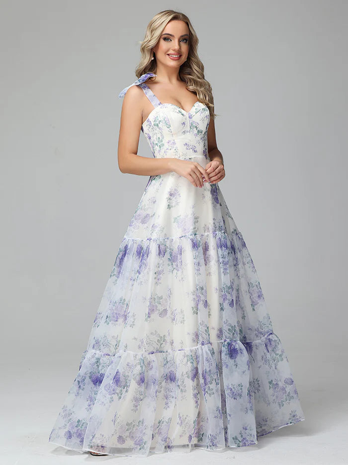 Floral Print Lace Up Floor Length Full Of Charm Party Dresses