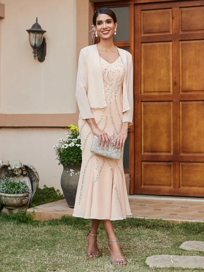 Column V-Neck 3/4 Sleeves Long  Mother of the Bride Dresses